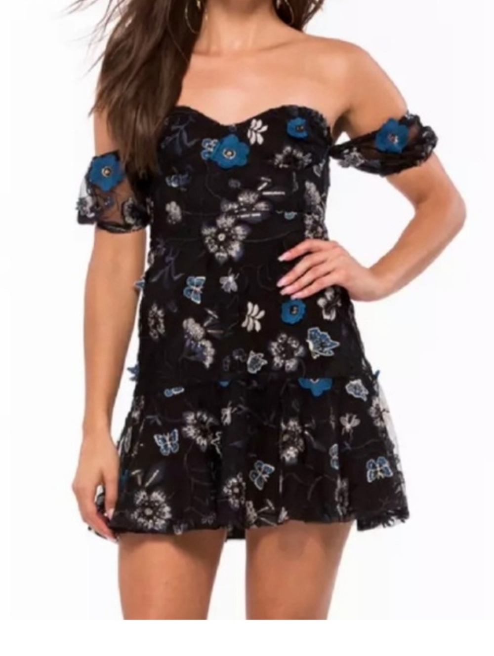 For The Love & Lemons Floral Lace Black & Blue Mini Dress